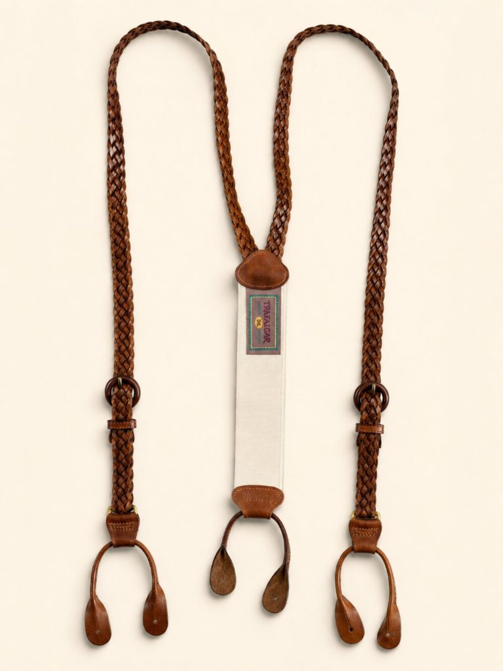 VTG Trafalgar Braided Leather Suspenders Brown Unisex Adjustable Button End USA